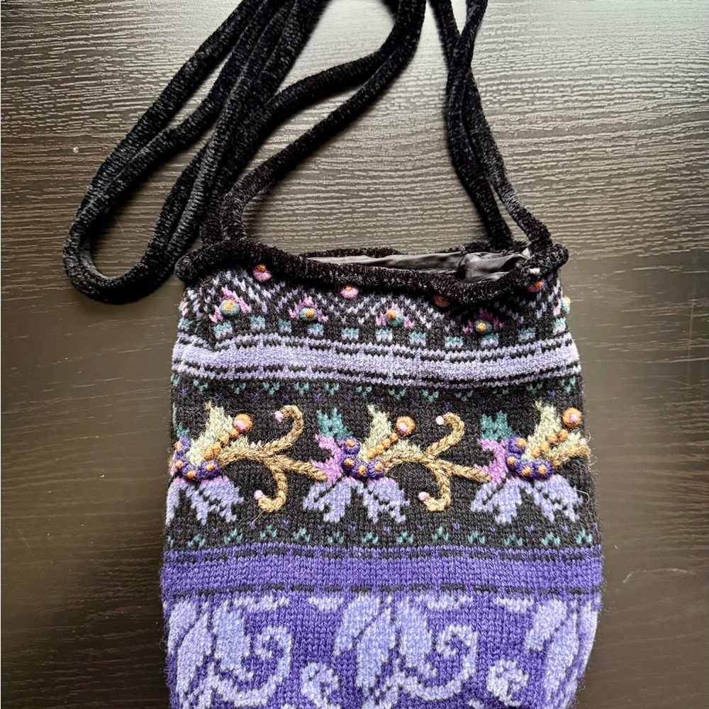Vintage Icelandic Designs Wool Knit Crossbody Bag Purple Nordic Folk Embroidery - Picture 6 of 10